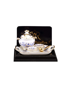 Blue Onion Design Tray with Soup Dish, Ladle, and Plates