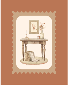 Picture of Still Life Watercolour Table with Basket and Accessories in Copper Terracotta