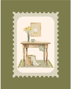 Picture of Still Life Watercolour Kitchen Table with Basket and Accessories in Herbal Green