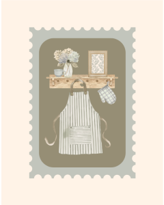 Picture of Still Life Watercolour Kitchen Shelf with Apron and Accessories in Hazy Blue