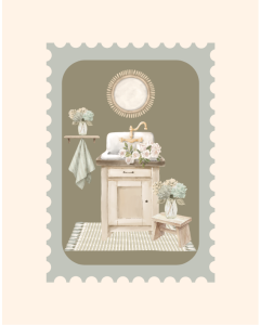 Picture of Still Life Watercolour Bathroom Sink with Accessories in Hazy Blue