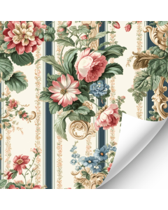 Vintage Blue Striped Floral Wallpaper