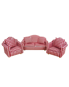 Red and White Check Sofa Set