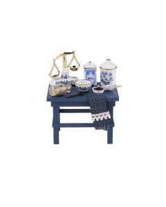 RP15530 - Small Blue Kitchen Table with Blue and Gold Accessories